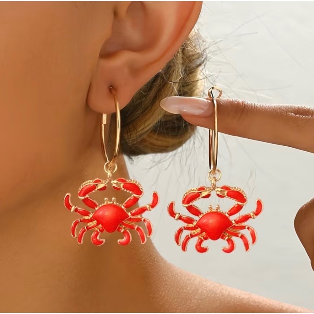 Crab Dangle Hoop Earrings Women OS Red New Nautical Beachy Enamel Gold